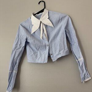 Méli Blue & White Pinstripe Cropped Blouse – Detailed Sleeves + Fancy Collar